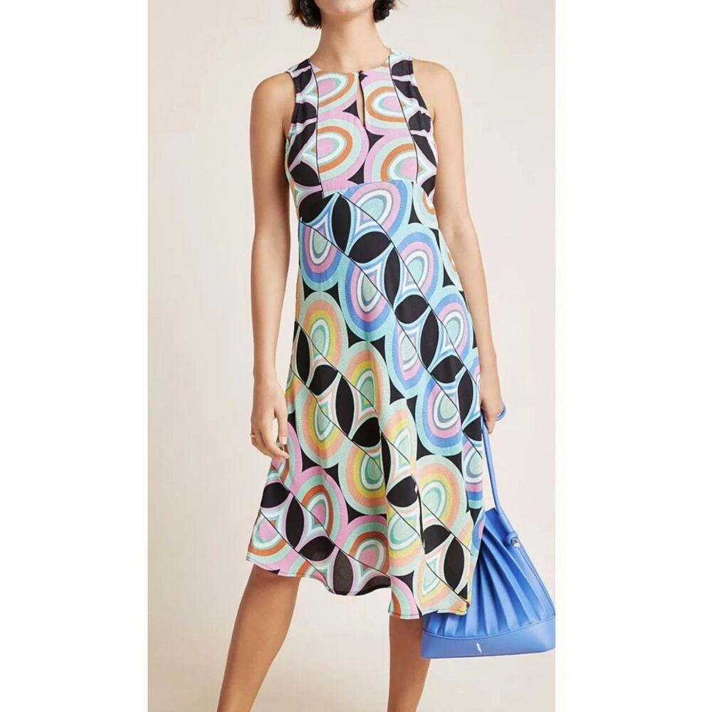 Anthropologie Kenzie Midi Dress Mod Retro Geometric Op Art Asymmetrical Sz 10